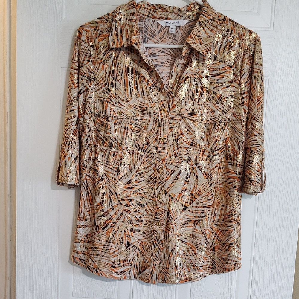 Women's Gold and Brown Shiny Patterned Top